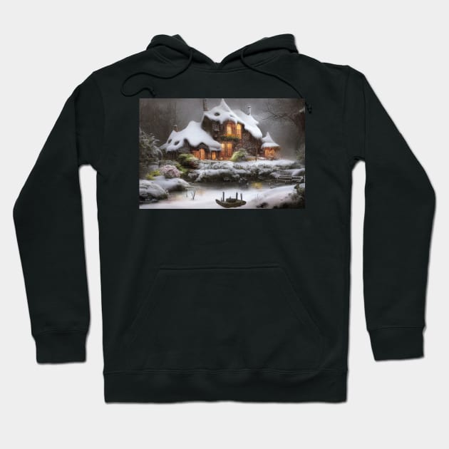 Magical Fantasy House with Lights in a Snowy Scene, Fantasy Cottagecore artwork Hoodie by Promen Art